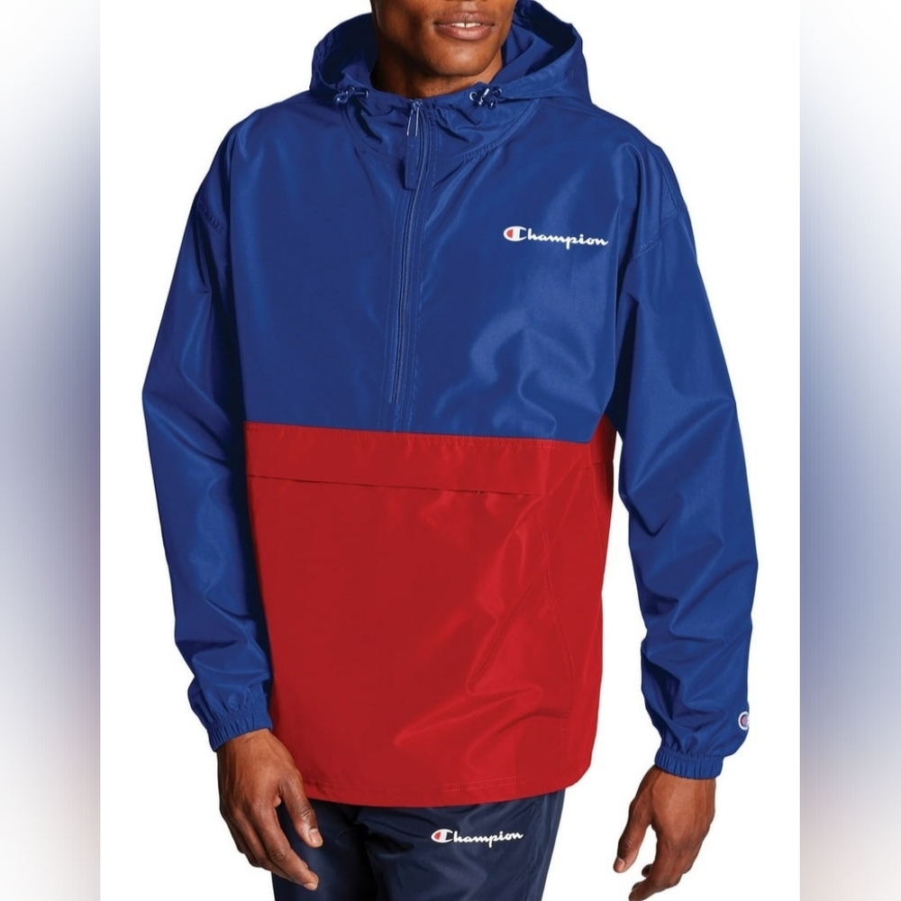 5 For $25✨️Champion Mens Medium Red Blue Hooded Windbreaker Jacket 1/2 Zip Coat